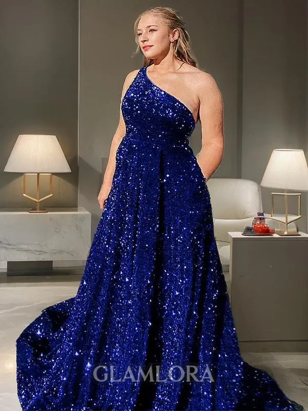 A-line One-Shoulder Sleeveless Bedazzling Sweep Train Velvet Sequins Prom Dress