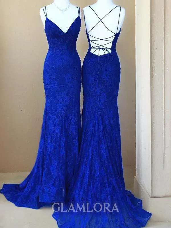 Sheath/Column V-Neck Sleeveless Sweep Train Striking Lace Prom Dress