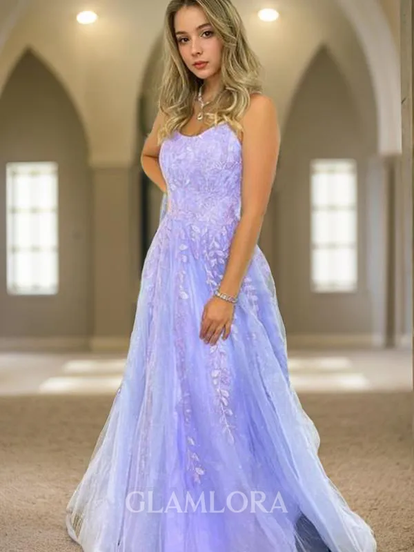 A-line Princess Charming Spaghetti Straps Sleeveless Sweep Train Tulle Prom Dress