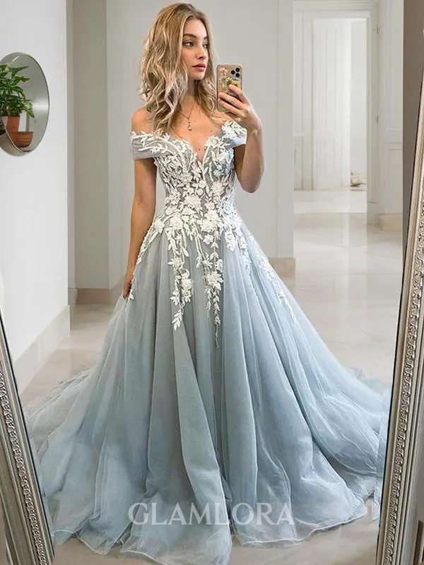 A-line Princess Off-the-Shoulder Stunning Sleeveless Sweep Train Tulle Prom Dress