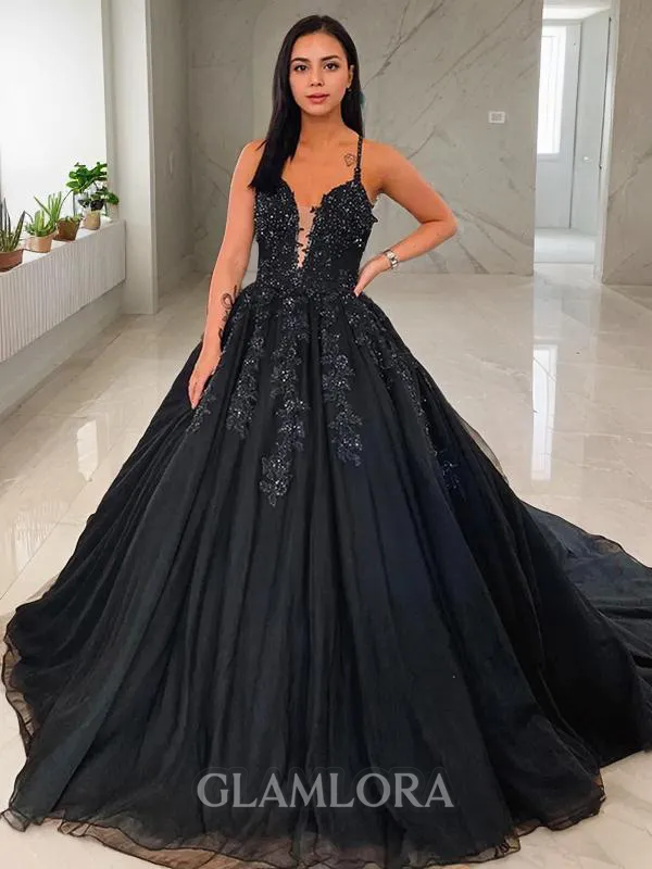Ball-Gown Princess V-Neck Sleeveless Court Train Tulle Gorgeous Prom Dress