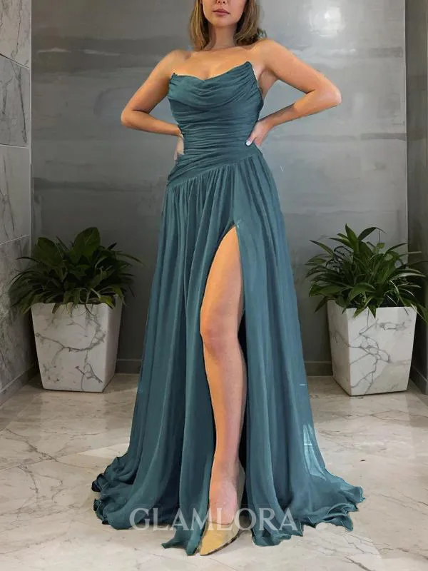 A-line Strapless Sleeveless Perfect Sweep Train 3D Chiffon Prom Dress With Slit