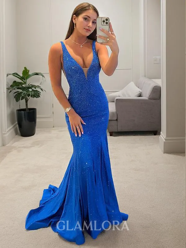 Sheath/Column V-Neck Sleeveless Extravagant Sweep Train Jersey Prom Dress