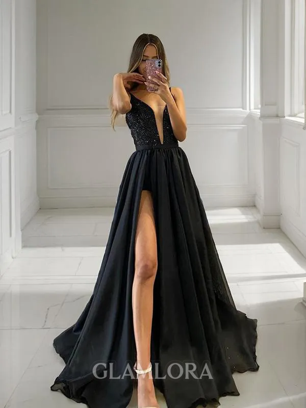 A-line V-Neck Sleeveless Sweep Train Shimmery Sequins Prom Dress With Slit