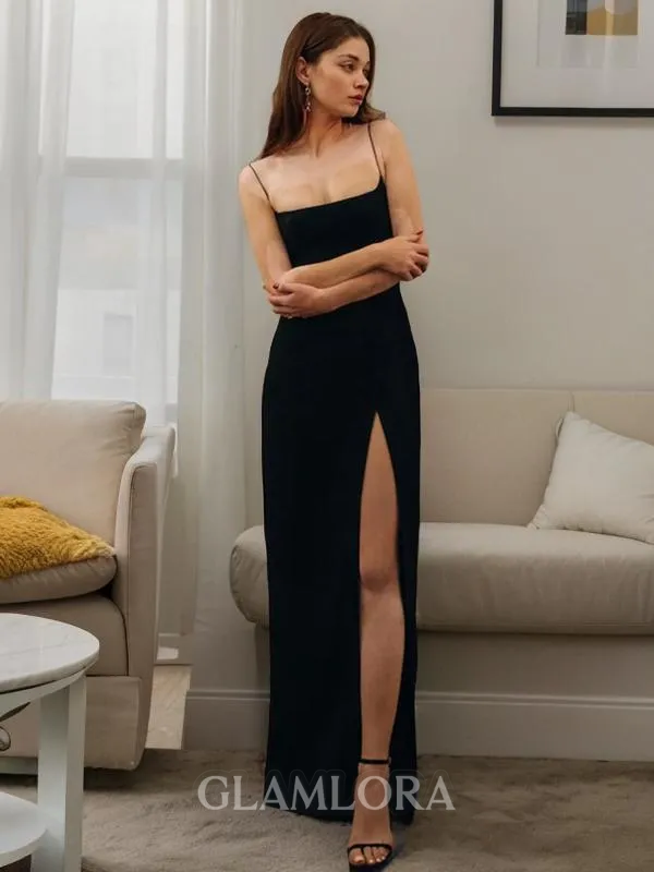Sheath/Column Spaghetti Straps Sleeveless Floor-Length Stretch Crepe Timeless Prom Dress With Slit