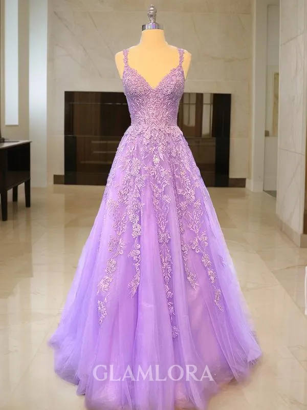 A-line Princess V-Neck Sleeveless Glam Sweep Train Tulle Prom Dress