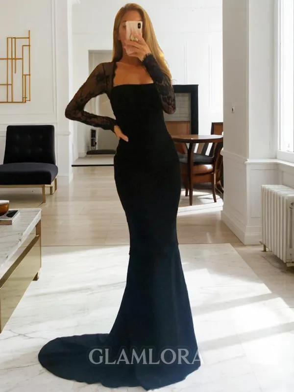 Sheath/Column Square Long Sleeves Sweep Train Effortless Stretch Crepe Prom Dress