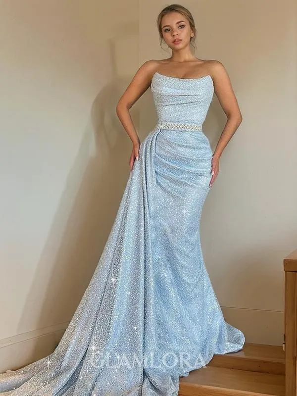 Sheath/Column Strapless Sleeveless Sweep Train Clean-lined Prom Dress With Sash