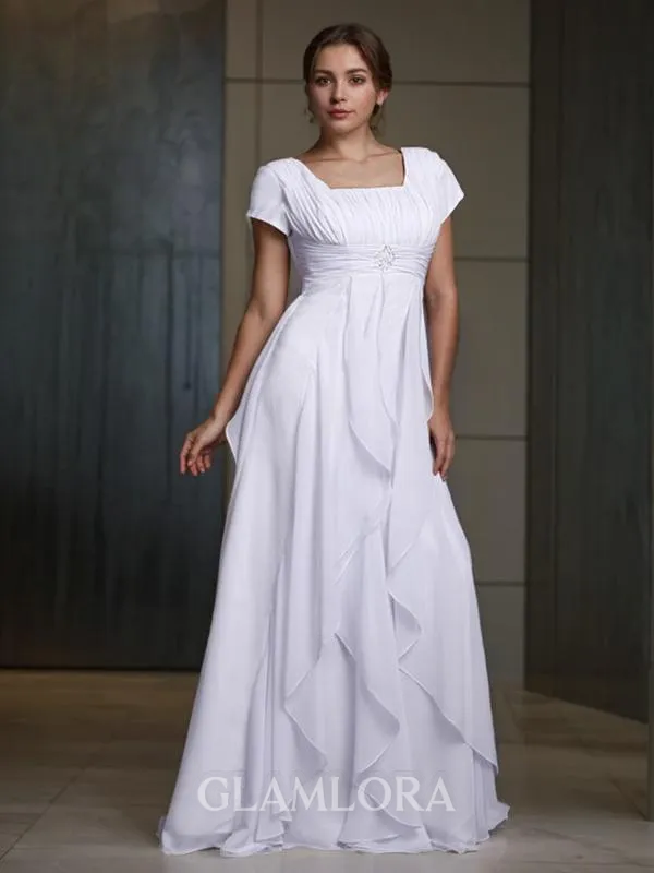 A-line Square Short Sleeves Floor-Length Pretty Chiffon Prom Dress With Ruffles