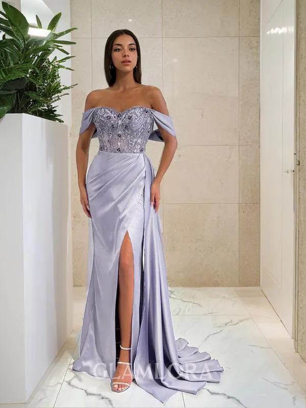 Figure-hugging Sheath/Column Off-the-Shoulder Sleeveless Sweep Train Silk like Satin Corset Prom Dress