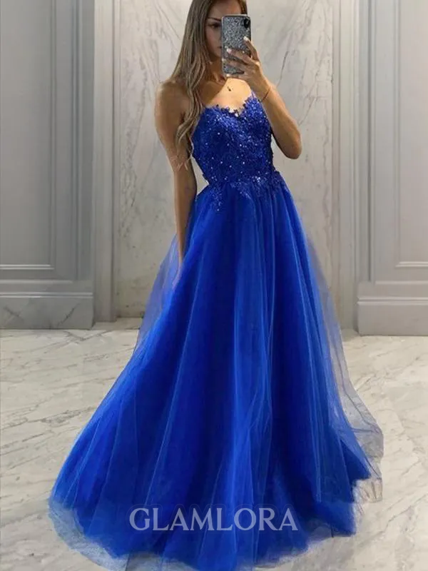 A-line Princess Spaghetti Straps Delicate Sleeveless Sweep Train Tulle Prom Dress