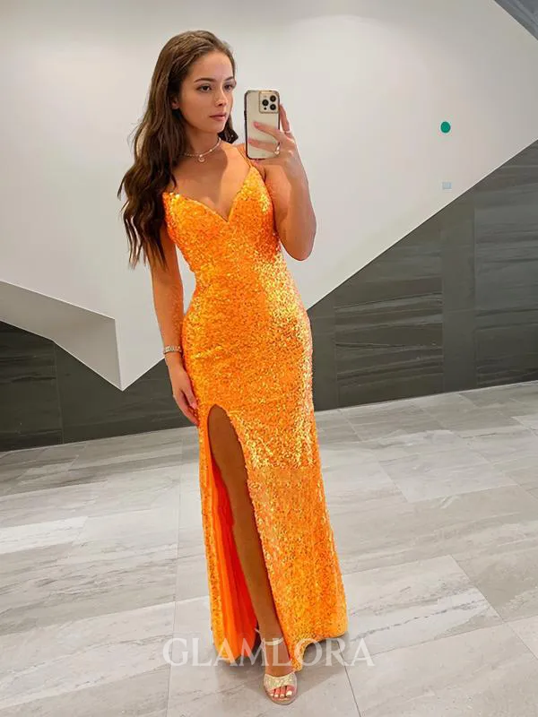 Lustrous Sheath/Column V-Neck Sleeveless Sweep Train Sequins Prom Dress With Slit