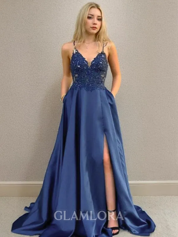 A-line Dazzling V-Neck Sleeveless Sweep Train Silk like Satin Corset Prom Dress