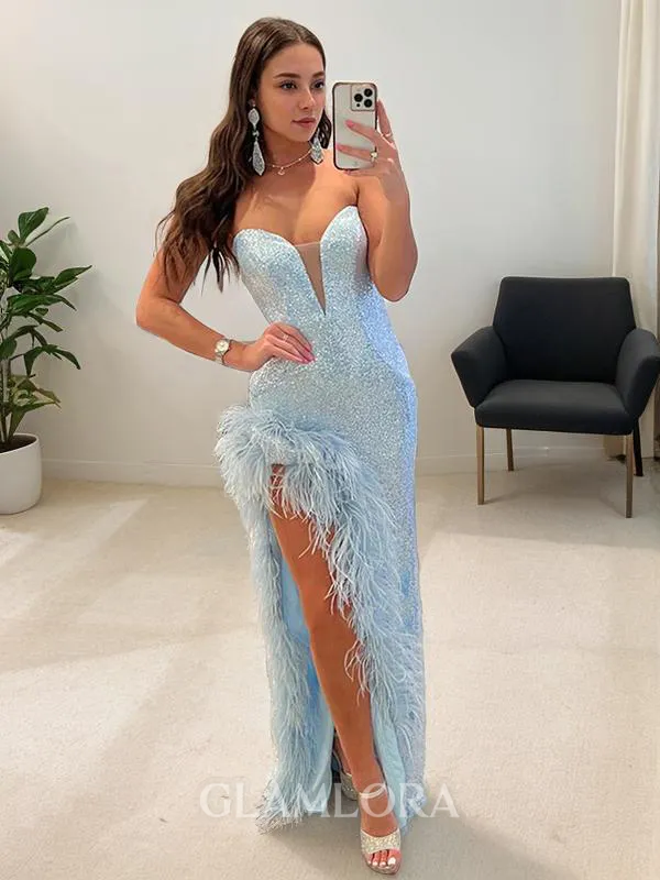 Sheath/Column Sweetheart Sleeveless Floor-Length Scintillating Sequins Prom Dress With Feathers/Fur