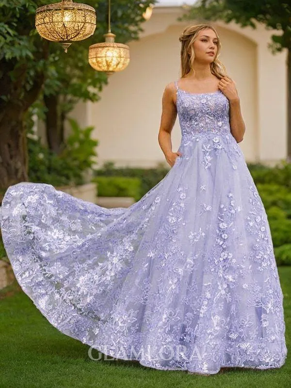 A-line Princess Classic Spaghetti Straps Sleeveless Sweep Train Tulle Corset Prom Dress