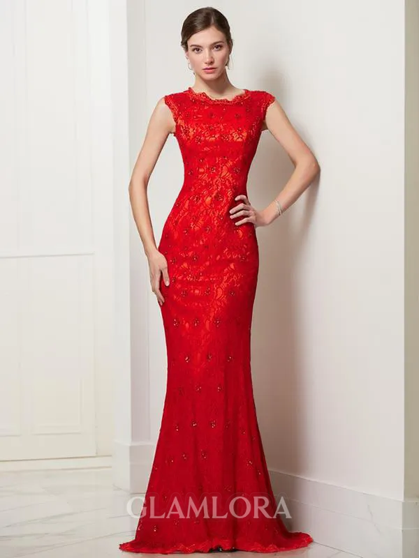 A-line Scoop Timeless Short Sleeves Sweep Train Lace Prom Dress With Applique