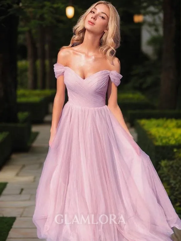 A-line Princess Off-the-Shoulder Sleeveless Modest Sweep Train Tulle Prom Dress