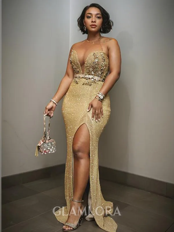 Sheath/Column Halter Sleeveless Sweep Train Timeless Prom Dress With Slit