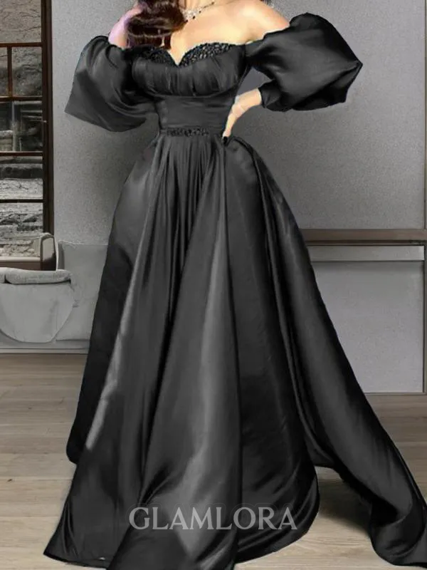 Stylish A-line Off-the-Shoulder Long Sleeves Sweep Train Satin Prom Dress