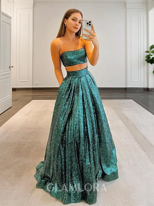 A-line Strapless Sleeveless Bedazzling Floor-Length Sequins Prom Dress