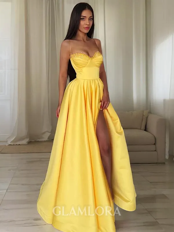 A-line Spaghetti Straps Beautiful Sleeveless Floor-Length Satin Corset Prom Dress