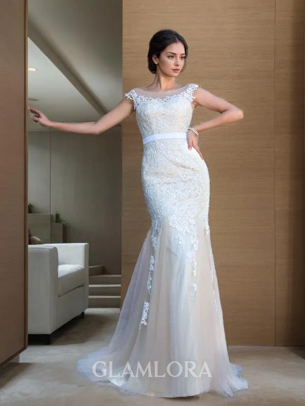 Trumpet/Mermaid Sheer Neck Short Sleeves Sweep Train Head-turning Tulle Prom Dress With Sash