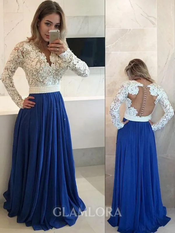 A-line V-Neck Long Sleeves Floor-Length Delicate Chiffon Prom Dress