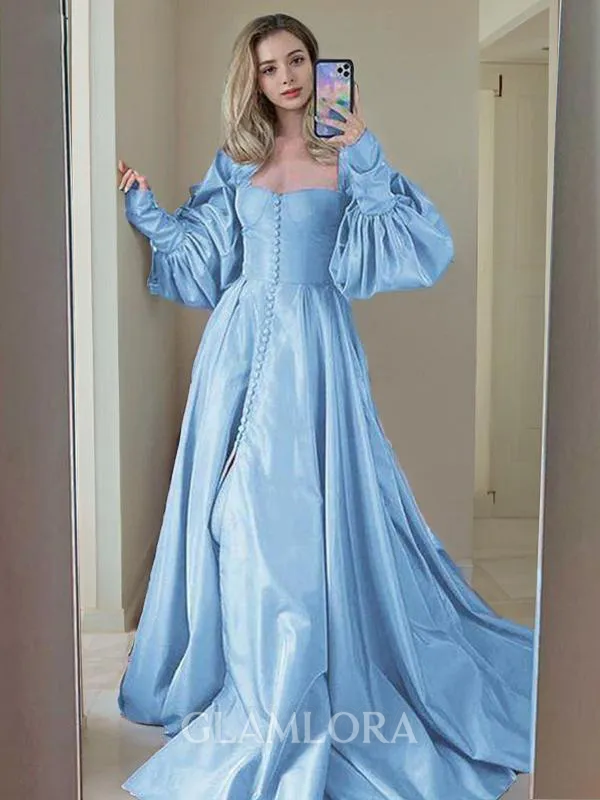 A-line Balanced Sweetheart Long Sleeves Sweep Train Satin Corset Prom Dress