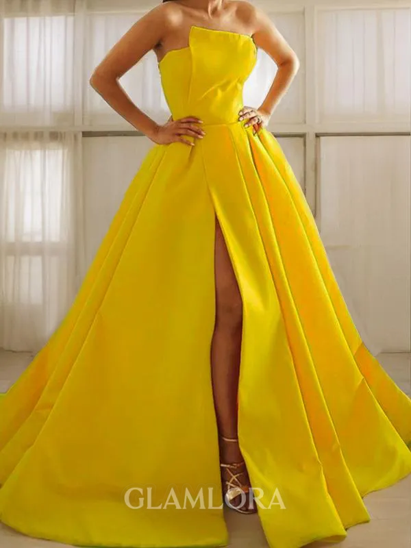 A-line Strapless Sleeveless Sweep Train Refined Satin Prom Dress