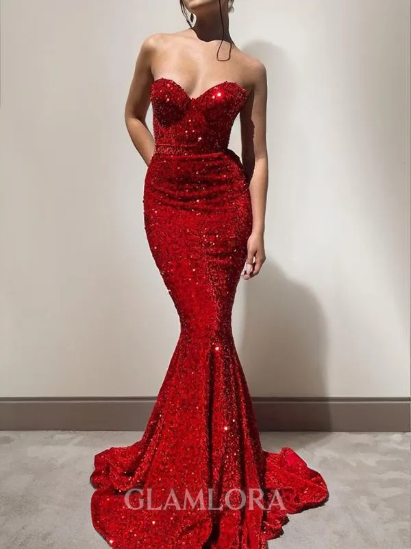 Trumpet/Mermaid Sweetheart Sleeveless Court Train Velvet Sequins Coruscating Prom Dress
