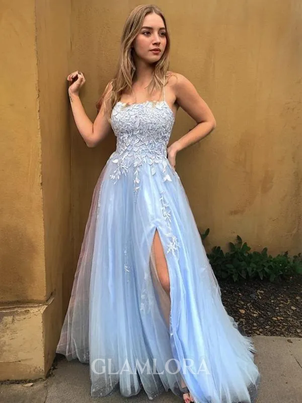 A-line Elegant Spaghetti Straps Sleeveless Sweep Train Lace Corset Prom Dress