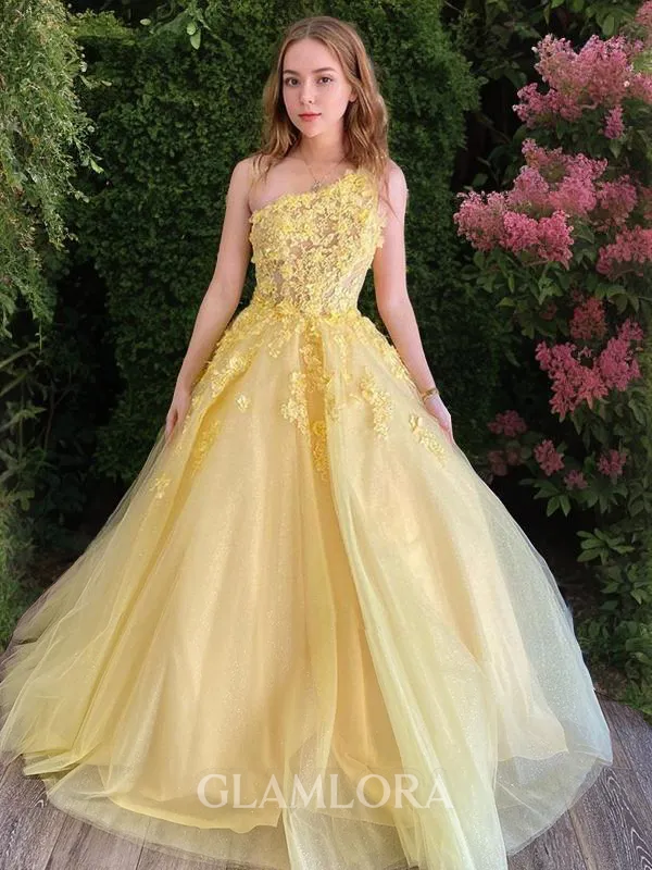 A-line Princess One-Shoulder Sleeveless Sweep Train Charming Tulle Corset Prom Dress
