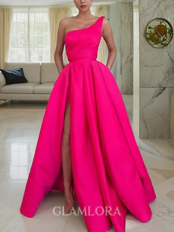 A-line One-Shoulder Sleeveless Floor-Length Stunning Satin Prom Dress