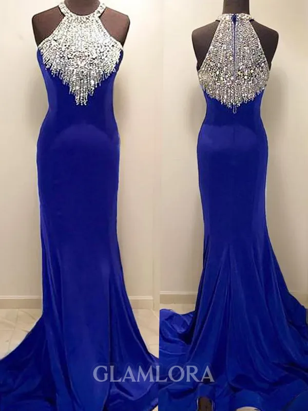 Trumpet/Mermaid Halter Flattering Sleeveless Sweep Train Jersey Prom Dress With Beading