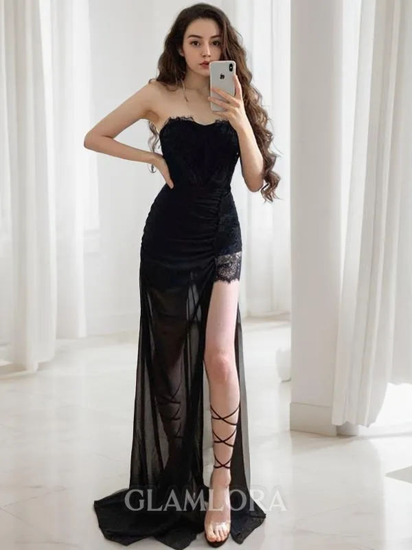Fashion Sheath/Column Sweetheart Sleeveless Sweep Train Lace Corset Prom Dress