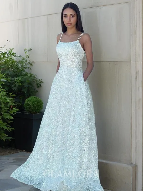 A-line Shiny Spaghetti Straps Sleeveless Sweep Train Sequins Prom Dress