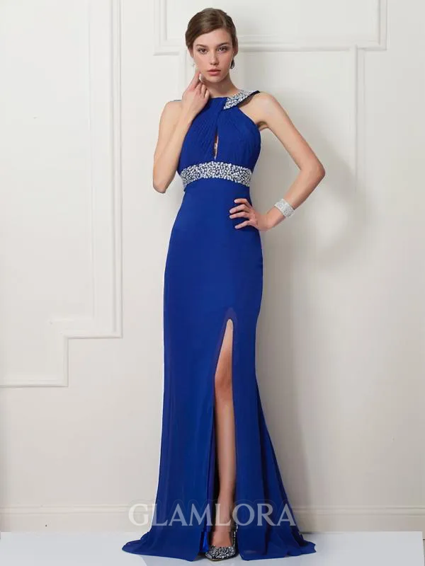 Sheath/Column High Neck Sleeveless Glam Sweep Train Chiffon Prom Dress With Slit