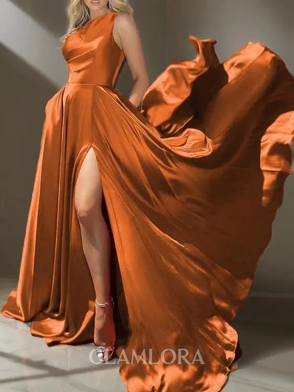 A-line One-Shoulder Fashion Sleeveless Sweep Train Silk like Satin Prom Dress