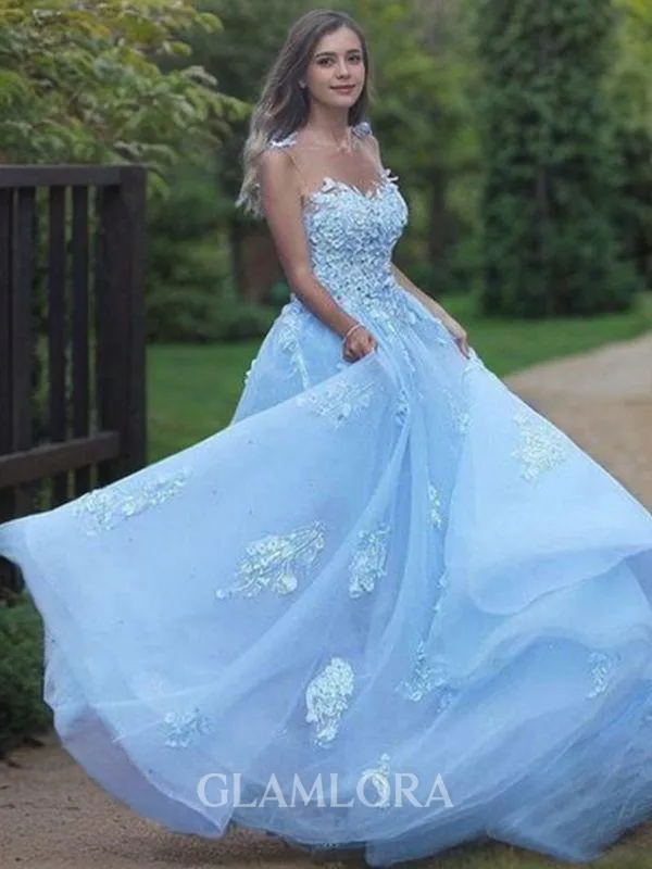 A-line Princess Bateau Sleeveless Glam Sweep Train Open Back Tulle Corset Prom Dress With Applique