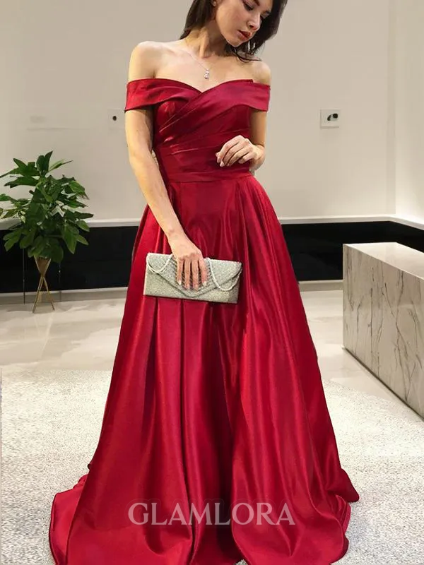 A-line Off-the-Shoulder Sleeveless Sweep Train Unique Satin Prom Dress