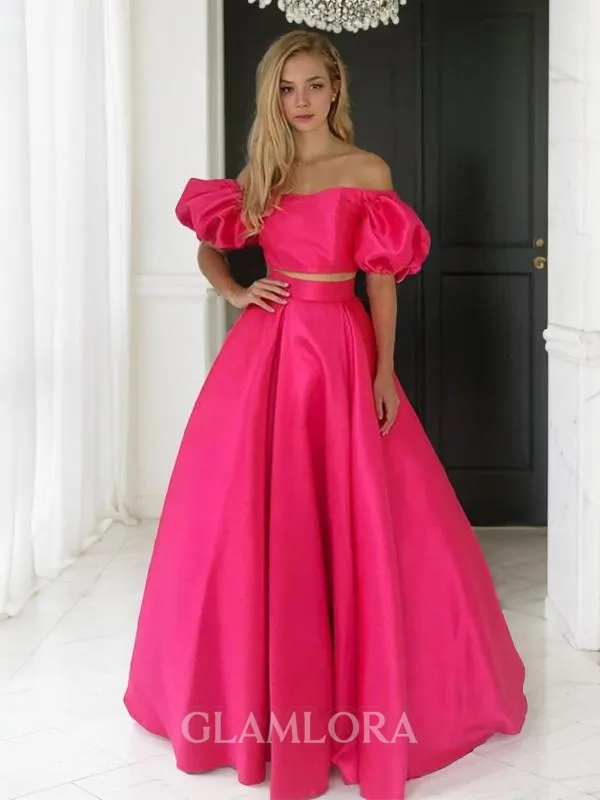 A-line Off-the-Shoulder Short Sleeves Floor-Length Satin Charming Prom Dress