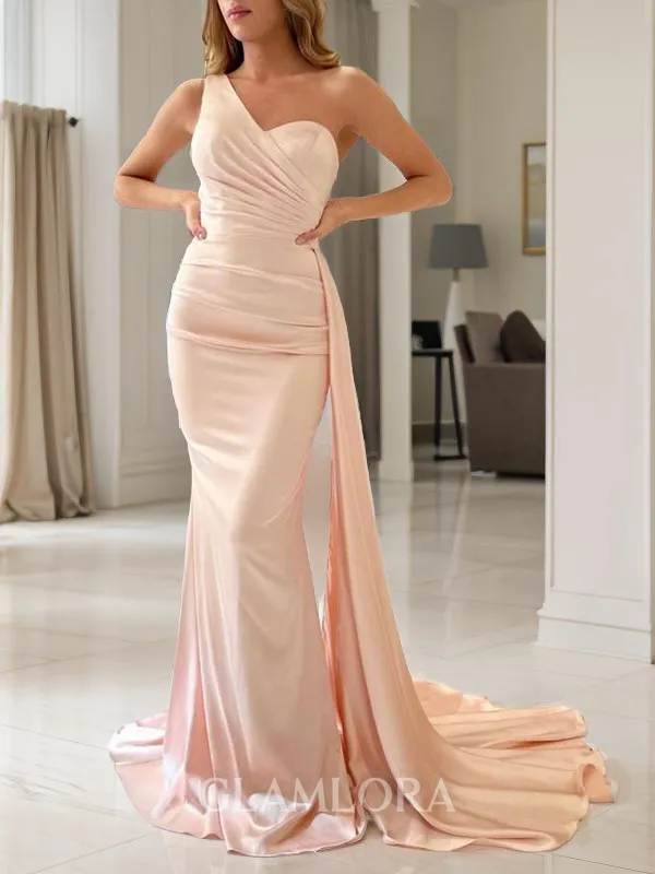 Flattering Sheath/Column One-Shoulder Sleeveless Sweep Train Silk like Satin Prom Dress