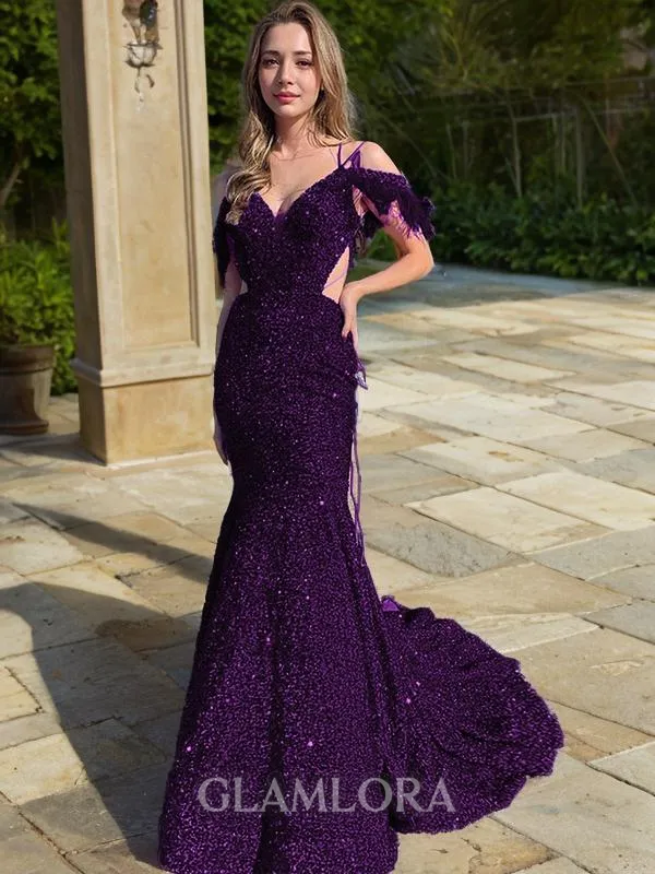 Sheath/Column Shimmery V-Neck Sleeveless Court Train Velvet Sequins Prom Dress