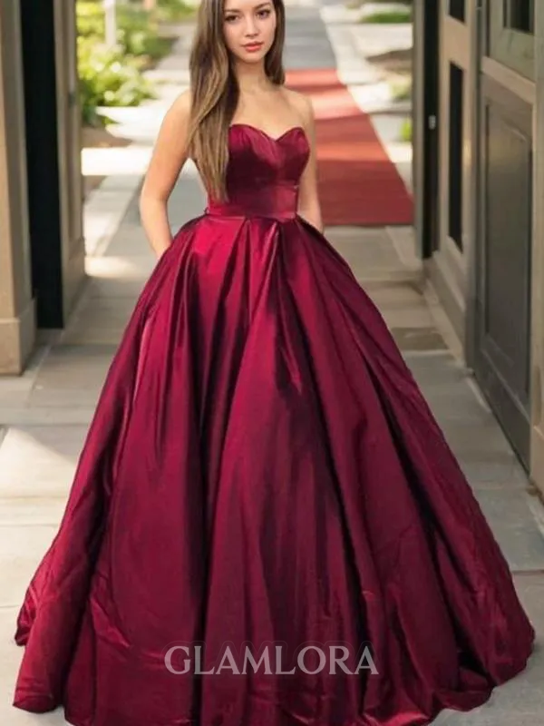 Ball-Gown Sweetheart Sleeveless Floor-Length Elegant Satin Prom Dress With Ruffles