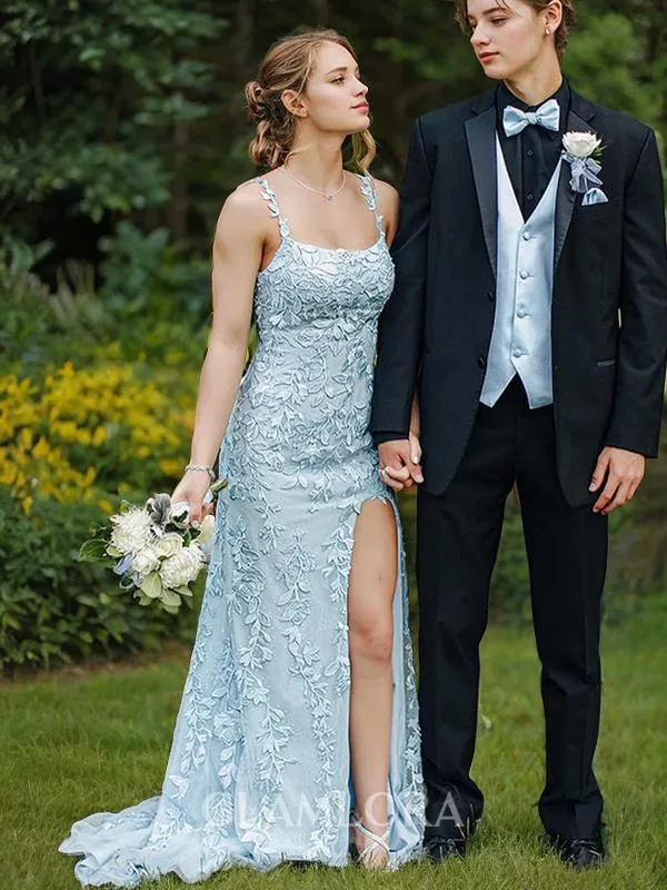 Sheath/Column Straps Sleeveless Sweep Train Tulle Pretty Prom Dress