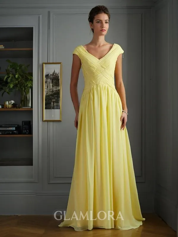 A-line Exquisite V-Neck Short Sleeves Sweep Train Chiffon Prom Dress With Beading Pleats