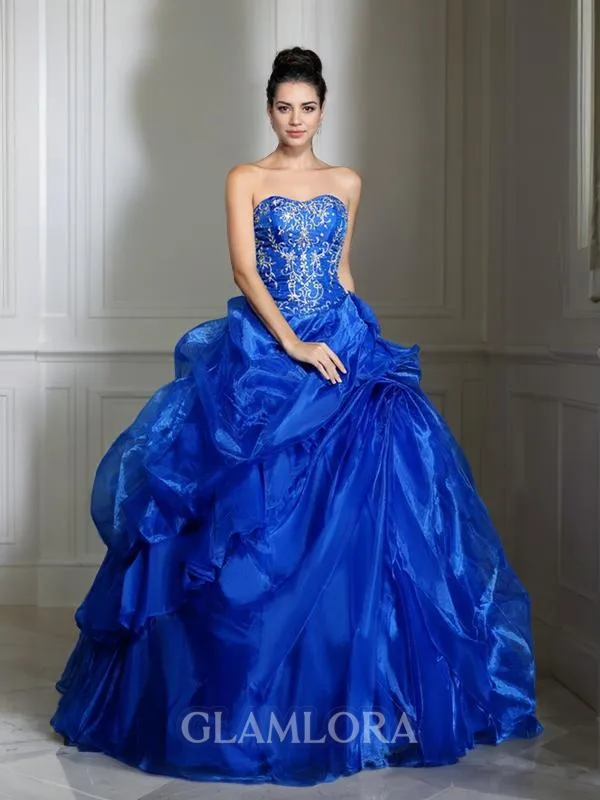 Ball-Gown Sweetheart Pretty Sleeveless Floor-Length Satin Prom Dress With Applique