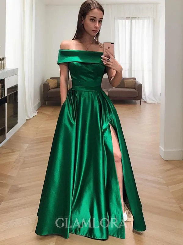 A-line Off-the-Shoulder Sleeveless Dazzling Floor-Length Satin Prom Dress