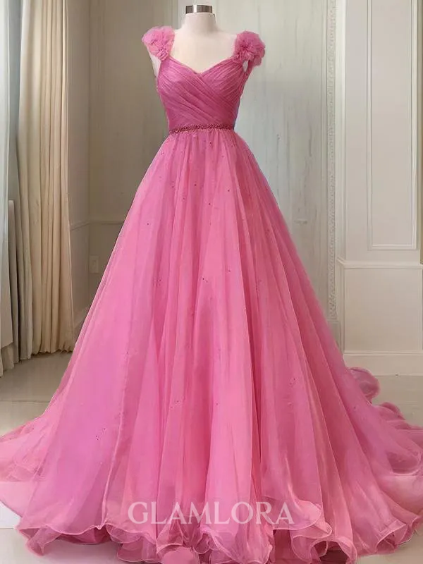 A-line V-Neck Sleeveless Sweep Train Classy Organza Prom Dress