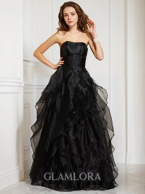 A-line Strapless Sleeveless Floor-Length Flattering Organza Prom Dress With Ruffles